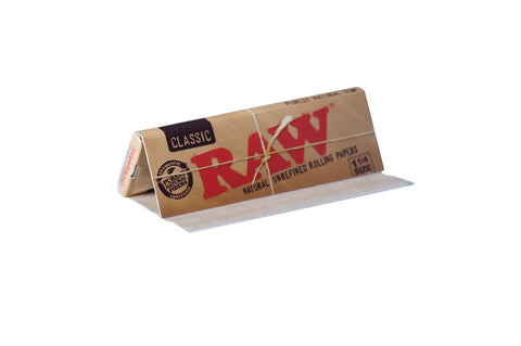 Unrefined Classic 1 And A Quarter Size Cigarette Rolling Papers Full Box, package showing natural gum additive-free papers.