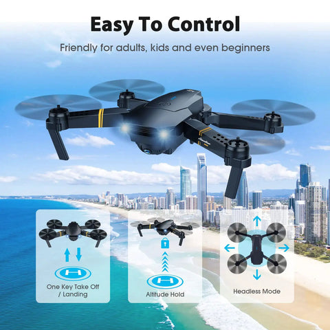 Foldable Camera Drone For Adults And Kids With 1080P FPV Video Easy Start RC Quadcopter above cityscape with mode icons