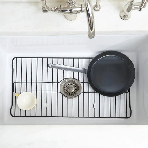 Heavy Duty Sink Protector Grid For Your Kitchen Sink Black Metal Drain Rack 18.1 x 12.3 x 1 In Rust Resistant Coating with pan