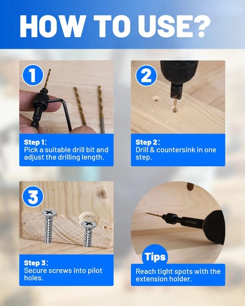 How to use Woodworking Countersink Drill Bit Set For Wood With 14 Pieces Includes Sizes 4 6 8 10 12 Quarter Inch Hex Shank Magnetic