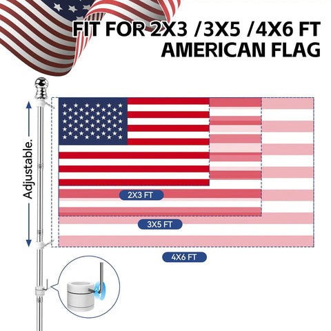 Heavy Duty 5 Ft Flag Pole Kit With 3x5 American Flag For Outdoors showing size compatibility with 2x3, 3x5, 4x6 flags.