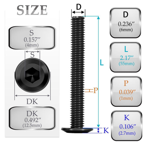 M6 X 55mm Flat Head Hex Socket Cap Bolts, 10 Pack With 1 Hex Spanner, Alloy Steel Black Oxide Full Thread, size diagram