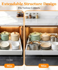 Built Tough Pull Out Cabinet Organizer For Kitchen, No Fuss Mounting With Ultra Strong Adhesive For Pots Pans Spices, Smooth Gliding Expandable Drawer Shelves, Heavy Duty 2 Pack displaying adjustable drawer sizes with pots and dishes.