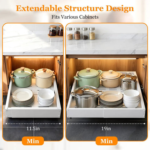 Built Tough Pull Out Cabinet Organizer For Kitchen, No Fuss Mounting With Ultra Strong Adhesive For Pots Pans Spices, Smooth Gliding Expandable Drawer Shelves, Heavy Duty 2 Pack displaying adjustable drawer sizes with pots and dishes.