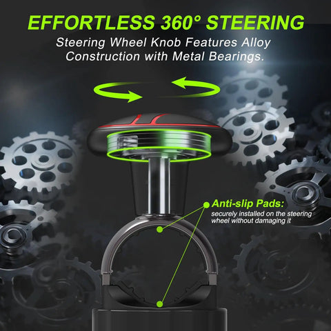 Tool Free Steering Wheel Knob For 3.45 To 4.9 Inch Steering Wheels, Easy On Off Spinner For Cars Trucks Mowers Tractors Boats With No Screws Or Tools Needed Red Metal Bearing showcased with gears in background emphasizing 360° steering and anti-slip pads.