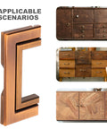 Hidden Drawer Pull Handles In Zinc Alloy Antique Brass Cabinet Pulls for furniture shown with wooden cabinets and drawers.