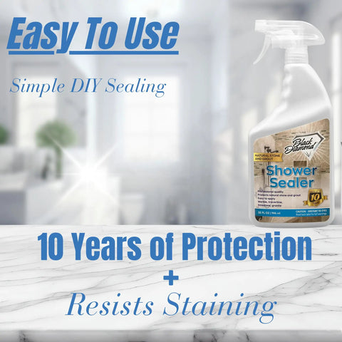 Bottle of penetrating stone and grout sealer for showers, 1 quart, on marble surface with text Easy to Use, 10 Years of Protection.