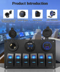 Marine 6 Gang Rocker Switch Panel Waterproof Aluminum Mount With Blue LED Switches in marine control room