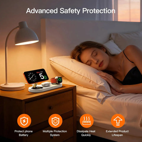 Woman sleeping next to All In One 5W Fast Magnetic Wireless Charger Stand For iPhone 12 13 14 15 16 17 AirPods And Watch MagSafe Dock 3 In 1 Grab And Go Charge Station For Home Office Desk on bedside table