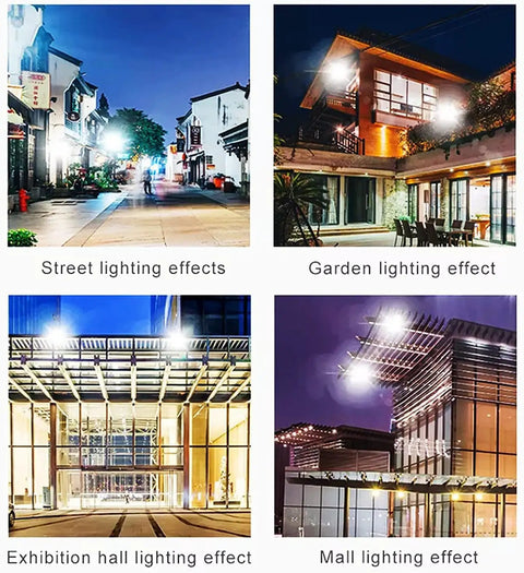JUDYSSY Solar Street Light W/Remote Control, Led Solar Flood Lights Outdoor, Dusk to Dawn Outdoor Lighting for Garden, Yard, Basketball Court, Parking Lot, 100w displayed in street and garden settings.