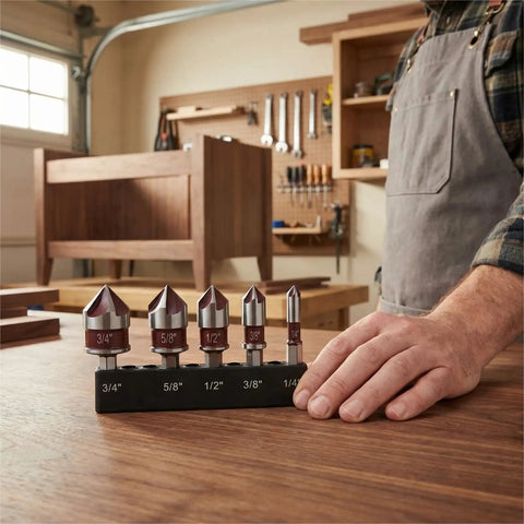 Man holding Premium Countersink Drill Bit Set With 82 Degree, Five Flutes, Quick Change Hex Shank on workshop table