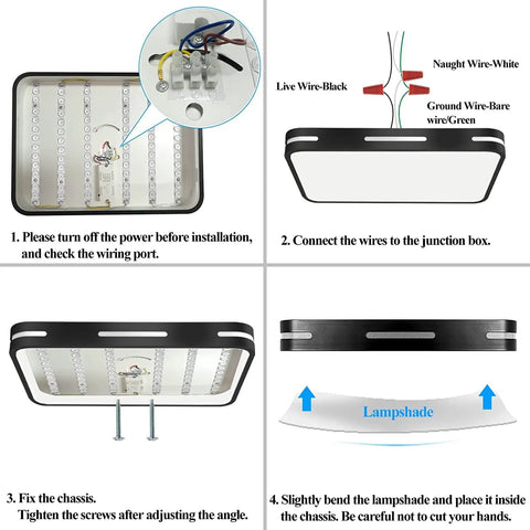 Installation steps for Dimmable LED Ceiling Light Fixture With Remote Control, showing wiring and mounting instructions.
