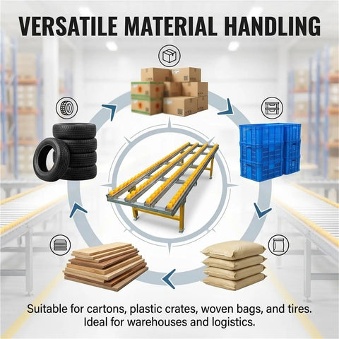 Heavy Duty Gravity Roller Conveyor for versatile material handling with boxes, tires, and pallets in a warehouse setting.