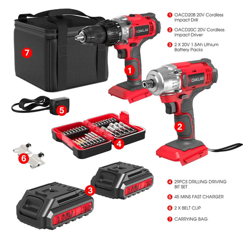 20V Cordless Drill And Impact Driver Combo Kit With accessories, charger, batteries, and carrying bag for DIY projects