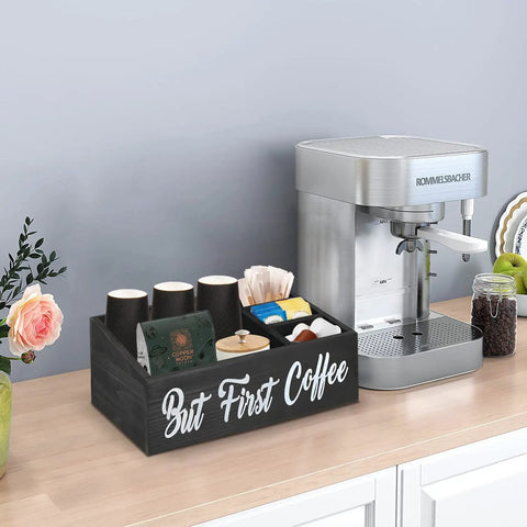 Boss Farmhouse Style Coffee Station Organizer For Countertop With Four Compartments Holds Coffee Pods Capsules Sugar Bags Stirrers