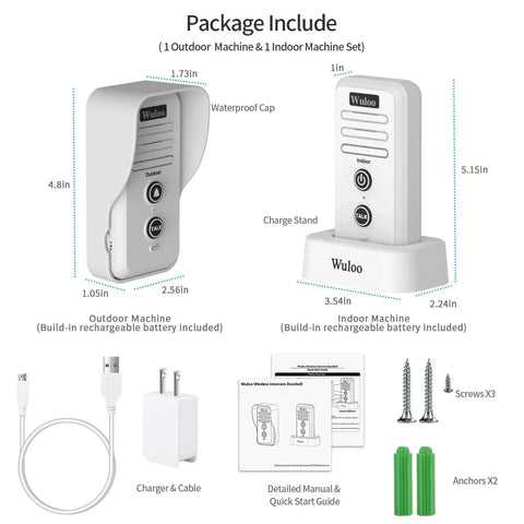 Smart Wireless Doorbell Chime For Home package includes outdoor and indoor unit, charger, screws, and manual, expandable intercom system.