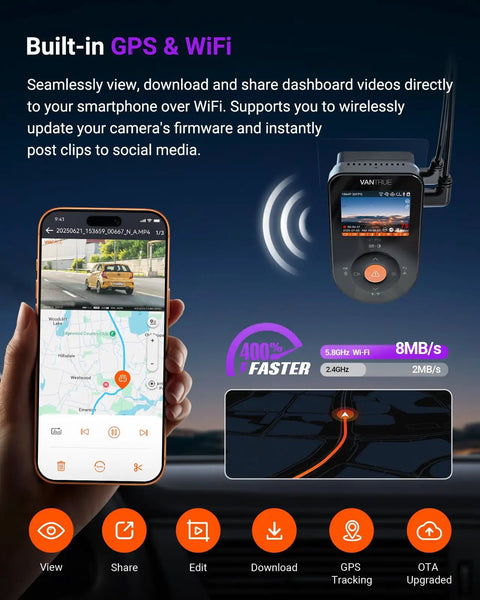 S1 Pro Front Dash Cam 2.7K Mini With STARVIS 2 Sensor showing GPS connection and app interface on smartphone