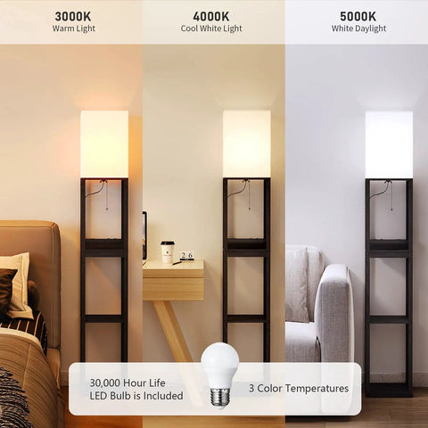 Modern Dimmable Solid Wood Floor Lamp With Shelf And Drawer Two USB Ports And Two Power Outlets Super Handy Corner Tall Bookshelf Lamp showing different light temperatures