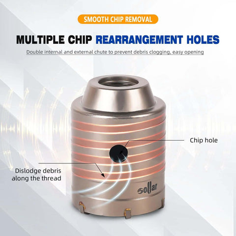 Sollar concrete hole saw core drill with chip-removal holes; metal body with orange rings and Sollar logo