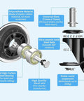 Heavy Duty Office Chair Caster Wheels Set Of Five For A Killer Smooth Ride On Hardwood Tile And Carpet Universal Rollerblade Rubber Casters For Gaming Desk Swivel Chairs Quiet Gliding No Fuss Setup Three Inches close-up of caster wheel components including polyurethane material and universal stem.