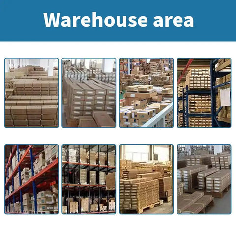 Warehouse area with shelves packed with boxes, showcasing organized inventory storage.