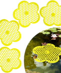 Floating Bee Island Kit For Garden And Pool 4 Pack, 8.66 Inch EVA Foam Bee Watering Station, shown floating in a pond.
