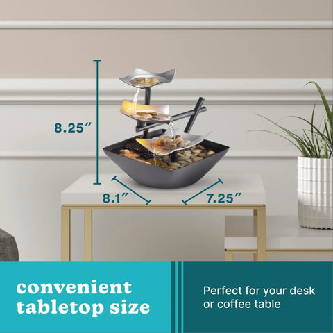 Chill Tabletop Water Fountain For Home Decor And Relaxation, 8.25 inch tall on desk with river rocks and 3-tier leaf waterfall