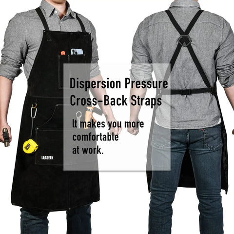 Front and back view of a heavy duty leather welding apron with heat and flame resistant protection, forge grade cowhide, 24x36 inch, 6 pockets.