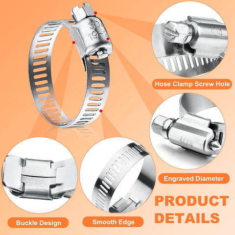 Stainless steel hose clamp set, adjustable 6–44 mm worm-gear; close-up views of screw hole, buckle, and smooth edge.