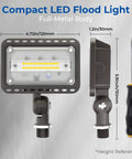 Front and side view of 20W LED Flood Light Outdoor 2800 Lumens IP65 Waterproof Exterior Security Wall Light With 180 Degree Knuckle And 120V Aluminum Fixture For Patio Porch Barn Garage 5000K Daylight 2 Pack UL Listed, shown with height reference next to a standard screwdriver.