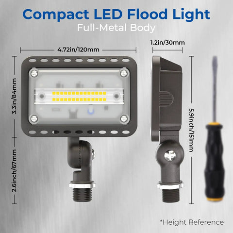 Front and side view of 20W LED Flood Light Outdoor 2800 Lumens IP65 Waterproof Exterior Security Wall Light With 180 Degree Knuckle And 120V Aluminum Fixture For Patio Porch Barn Garage 5000K Daylight 2 Pack UL Listed, shown with height reference next to a standard screwdriver.