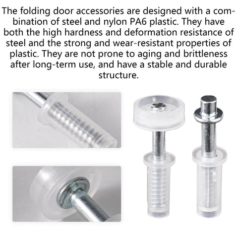 Close-up of 8 pcs bi fold door top roller guide wheel and top pivot spring loaded kit showing steel and nylon PA6 plastic components