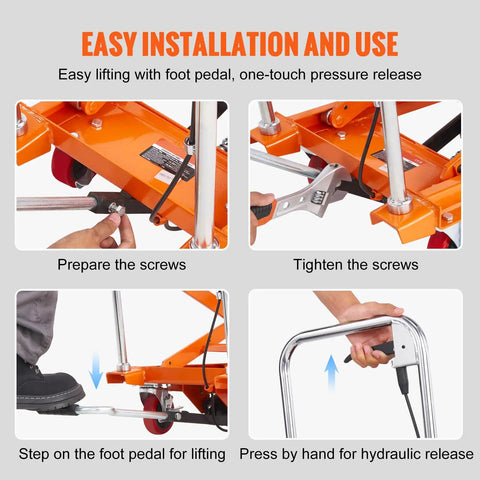 Easy installation process of Heavy Duty Portable Hydraulic Lift Table Cart With 330lbs Capacity 50in Scissor Jack Design.