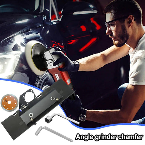 Man using angle grinder chamfer tool with 45-degree stand for polishing car surface. Includes beveling attachment and dust removal system.