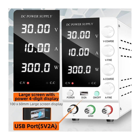 Adjustable DC Bench Power Supply 32V 6A And 30V 10A with large display and USB port shown