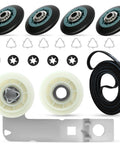Beefed Up Dryer Repair Kit With W10837240 W10314173 Idler Pulley And Drum Rollers 661570V Belt components laid out