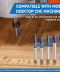 Heavy Duty CNC Wood Carving Router Bits Set Featuring Five Slick Nano Coated V Shape Engraving Tools and Straight Cutting Edges showing five router bits against wood surface.