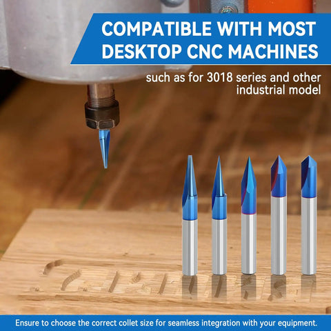 Heavy Duty CNC Wood Carving Router Bits Set Featuring Five Slick Nano Coated V Shape Engraving Tools and Straight Cutting Edges showing five router bits against wood surface.