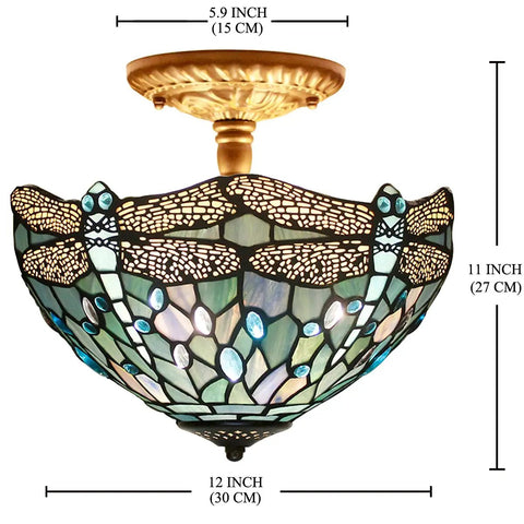 Sea Blue Tiffany Style Dragonfly Ceiling Light Fixture, Stained Glass Semi Flush Mount Lamp, 12 Inch Shade, 11 Inch Height