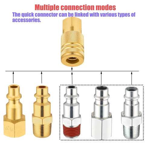 Front view of Milosline eight-piece air hose connector kit with brass and chrome fittings, 1/4 inch quick-connects.
