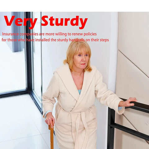 Dang Solid Metal Hand Rails For Outdoor Steps Black Powder Coated Stair Railing Kit, helping elderly woman ascend stairs safely.
