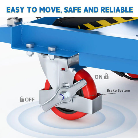 Double Scissor Lift Cart With 50 Inch Lift Height And 330 Lb Capacity featuring non-slip pad and brake system on red PU wheel