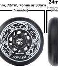 Inline Skate Wheels 4-Pack 68mm 72mm 76mm 80mm Outdoor Asphalt Formula 85A With ABEC-9 Bearings And Floating Spacers Replacement for Hockey Roller Blades Black Blue Red, side and front view with diameter and width measurements