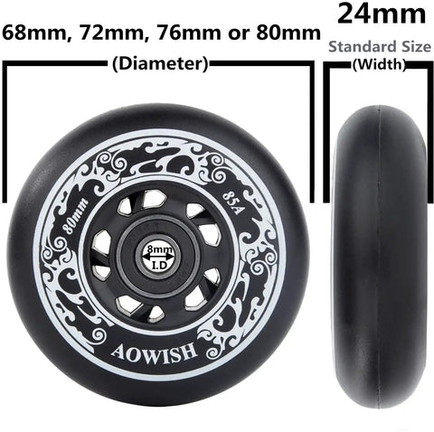 Inline Skate Wheels 4-Pack 68mm 72mm 76mm 80mm Outdoor Asphalt Formula 85A With ABEC-9 Bearings And Floating Spacers Replacement for Hockey Roller Blades Black Blue Red, side and front view with diameter and width measurements