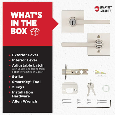 Halifax Entry Door Handle With Lock And Key, Reversible Exterior Lever, Satin Nickel Finish, includes SmartKey tool and hardware