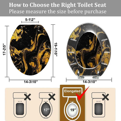 Elongated Resin Toilet Seat for Bathroom dimensions display, showing measuring guides for sizing and compatibility.