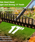 Heavy Duty 63 Inch Bow Rake With 17 Tines All Metal Garden Rake, close-up of steel head and tines in garden soil.