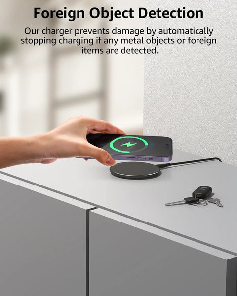 Anti Slip Aircraft Grade Aluminum Wireless Charger Pad With 15W Max Fast Charging for iPhone on desk with keys nearby