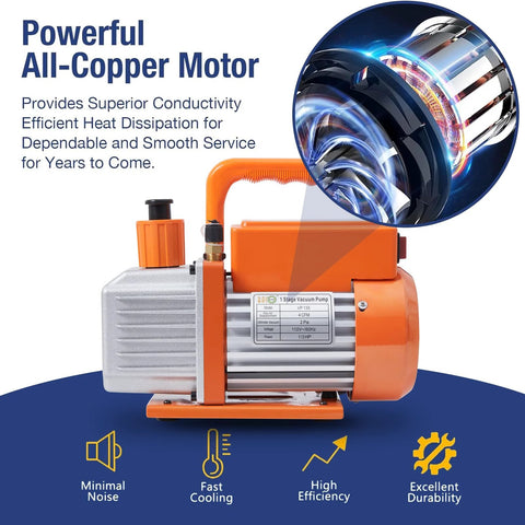 Front view of BACOENG R32 AC vacuum pump and gauge set, 4 CFM, orange and silver housing.
