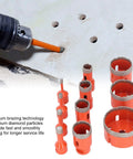Get Your 11 Piece Diamond Hole Saw Kit For Ceramic Tile Marble Granite And Hard Stone Cutting With M14 Thread And Hex Shank Adapter Featuring Cool Wax For Fast Cooling And Chip Holes In 6 To 68mm Sizes That Rock Any DIY Or Pro Project Without Hassle. Diamond hole saw set drilling tile with multiple orange sizes